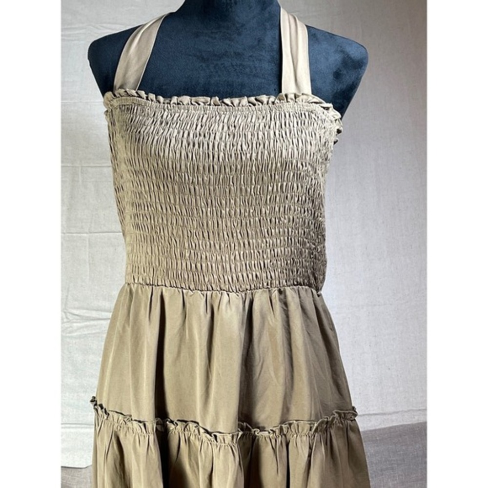 PRETTY‎ GARDEN Smocked Halter Tiered Midi Dress Olive Green Women L boho picnic - Picture 4 of 9